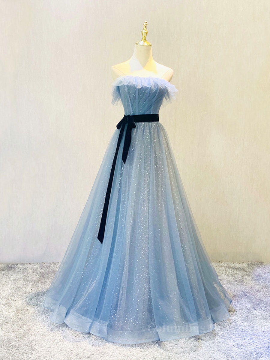 Blue A-Line Tulle Lace Long Prom Dresses, Blue Lace Formal Evening Dresses