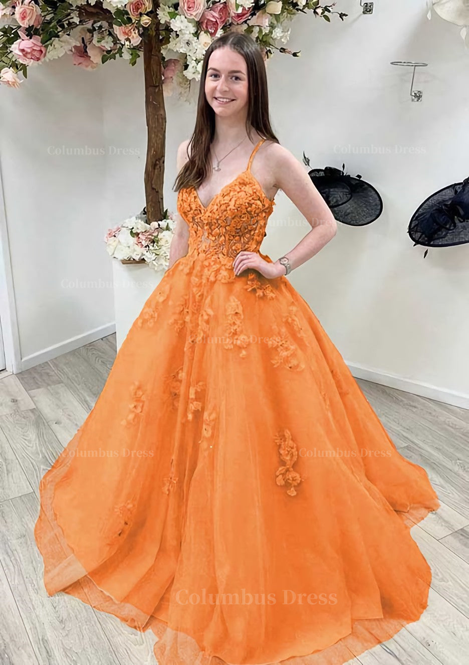 Prom Dresses 2022, A-line Princess V Neck Sleeveless Sweep Train