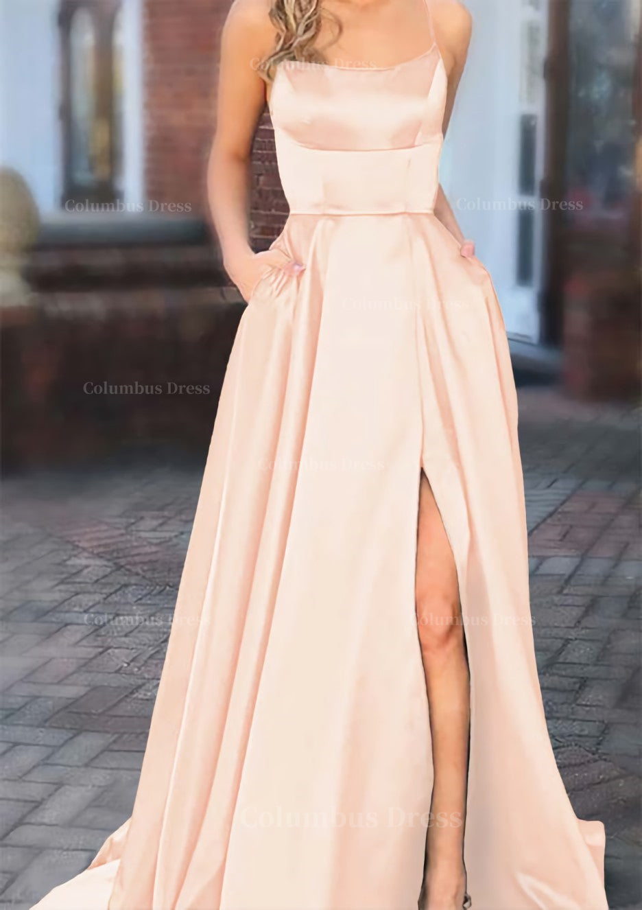 A-line Square Neckline Spaghetti Straps Sweep Train Charmeuse Prom Dress  With Split - Prom Dresses - Stacees