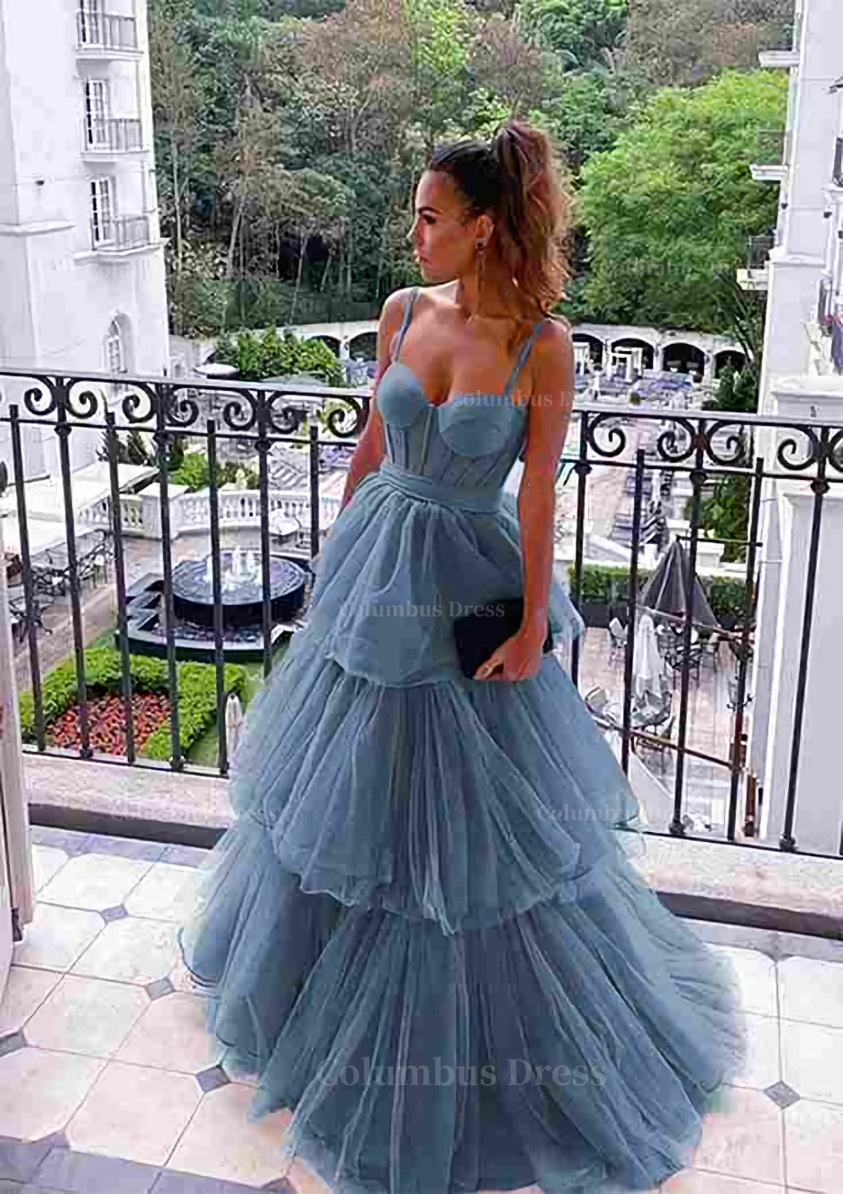 A-line Sweetheart Spaghetti Straps Long/Floor-Length Tulle Glitter Prom  Dress