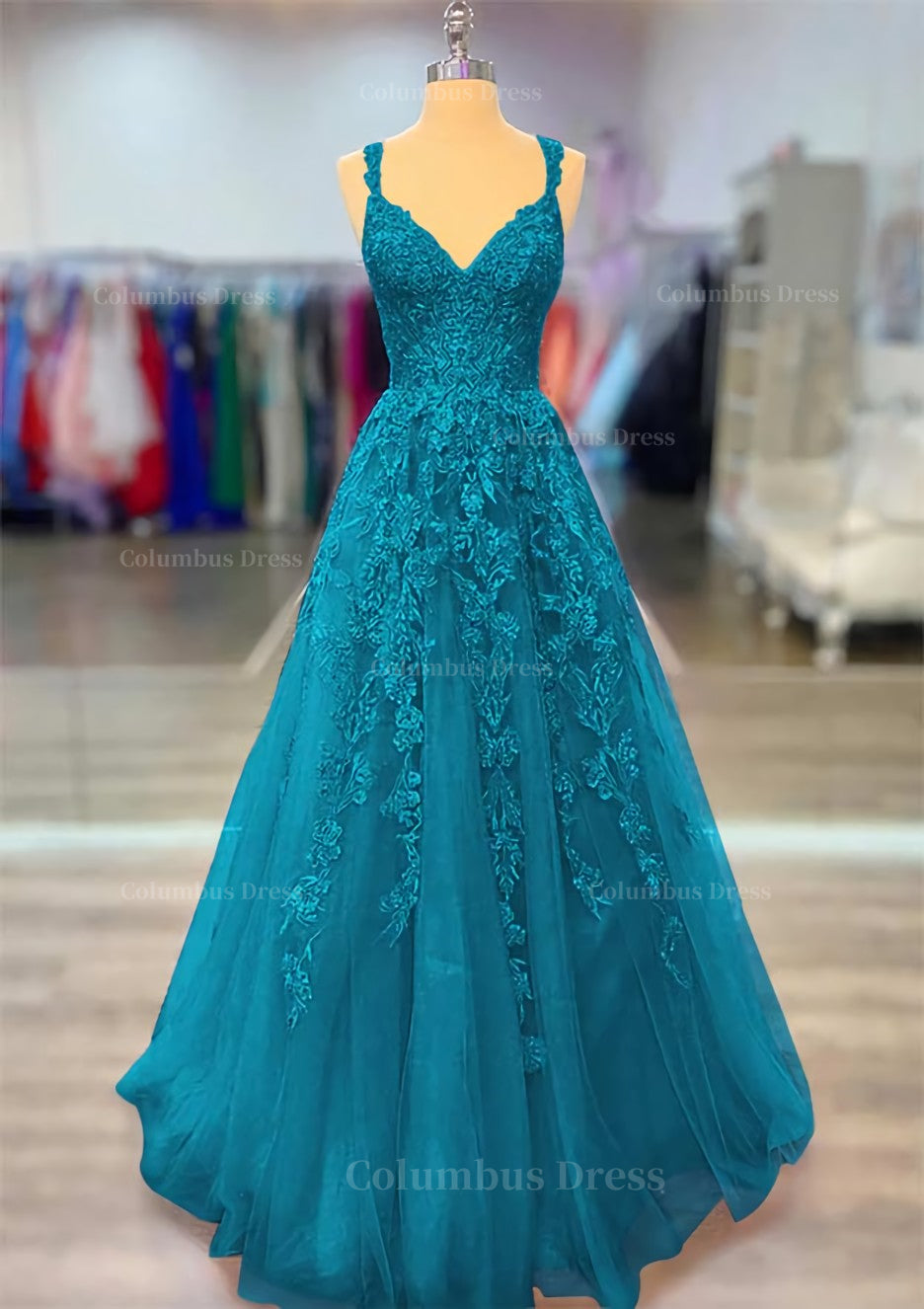 Teal Lace Prom Dress