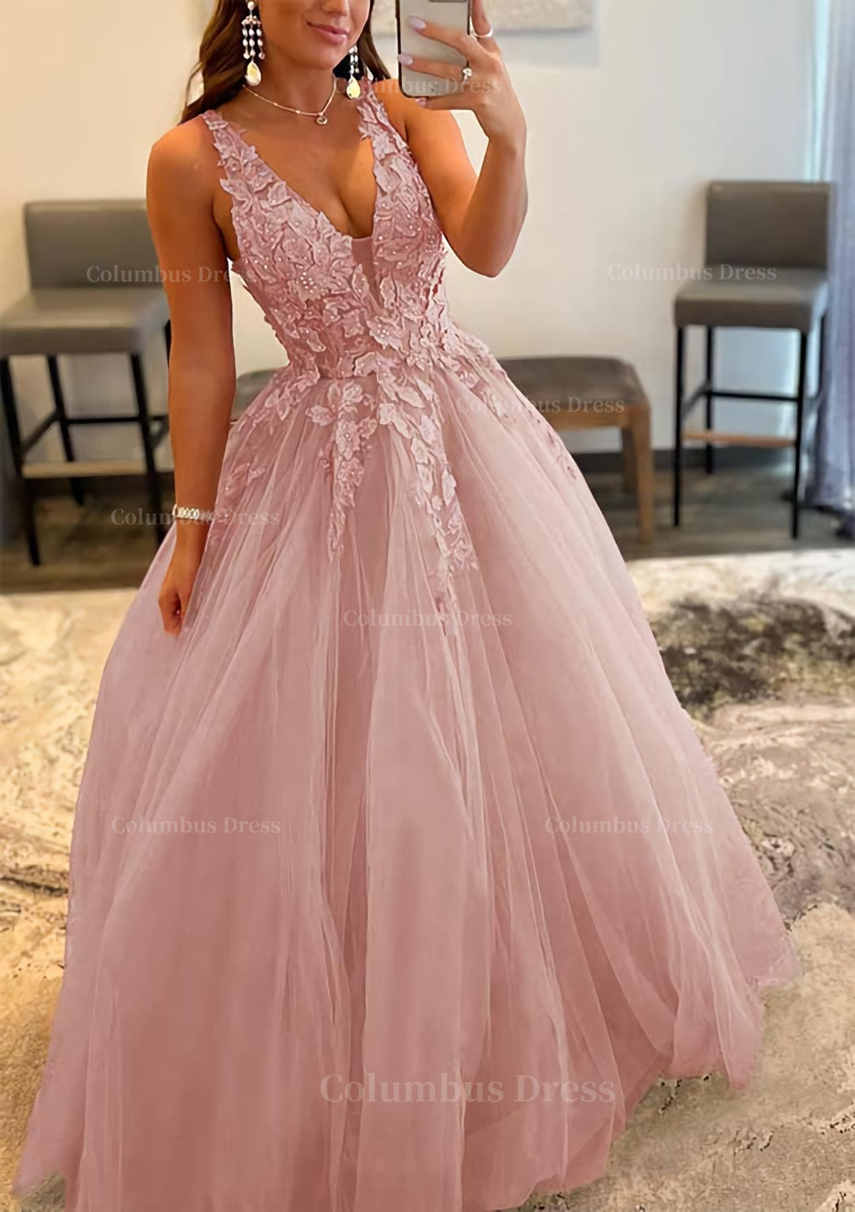 A-line V Neck Spaghetti Straps Sweep Train Tulle Prom Dress With