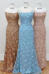 Bridesmaids Dresses Modest, Straps Mermaid Blue Lace Appliques Long Prom Dress