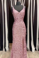 Cute Prom Dress, Gorgeous Mermaid V-Neck Pearl Pink Long Prom Dress with Slit