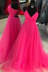 Party Dress Shops Near Me, V Neck A-line Hot Pink Long Prom Dress with Lace-up Back