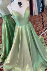 Party Dress Ladies, Elegant A-Line Empire V-Neck Green Long Prom Dress with Straps