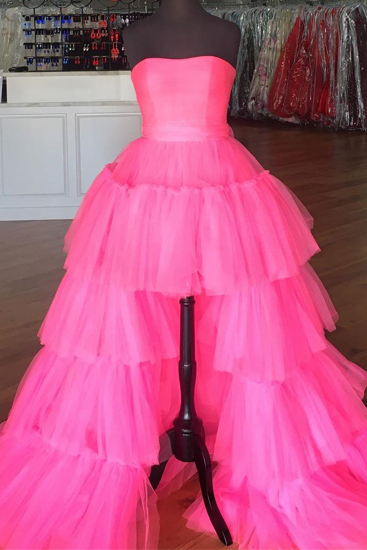 Simple Prom Dress, Elegant Strapless Layered Hot Pink Long Prom Dress with Slit