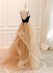 Party Dress Beige, A-Line Champagne Tulle Sweetheart Beaded Long Prom Dress, Tulle Layers Party Dress