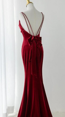 Wedding Dresses Classy, Wine Red Velvet Low Back Straps Long Party Dress, Wine Red Wedding Party Dress