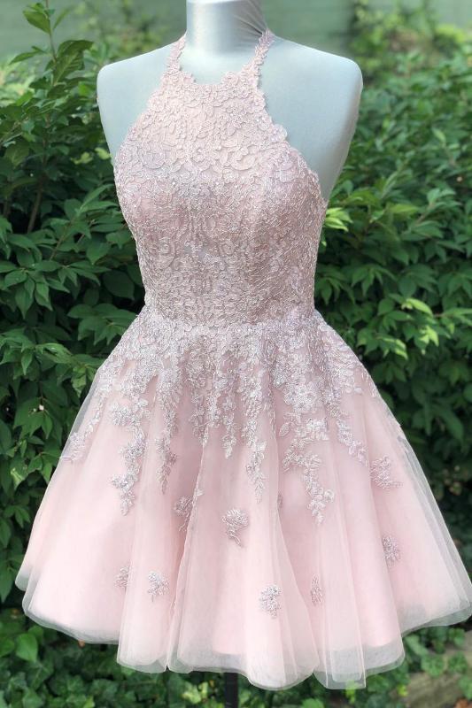 Country Wedding Dress, Halter Lace-Up back Short Pink Lace Homecoming Dress