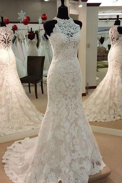 Wedding Dresses Sleeves, High Neck Mermaid Ivory Lace Wedding Dress