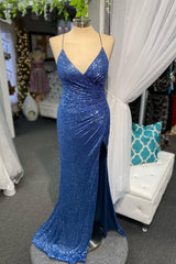 Silk Wedding Dress, High Slit Blue Sequins Straps Mermaid Prom Dress