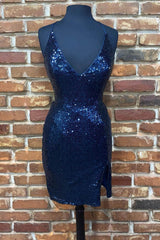 Bridesmaid Dresses Mauve, Cute Navy Blue Sequins Tight Mini Homecoming Dress