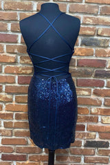 Wedding Photography, Cute Navy Blue Sequins Tight Mini Homecoming Dress