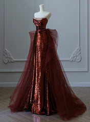 فستان طويل للحفلات مزين بالترتر الأحمر الخمري والتول، فستان سهرة باللون الأحمر الخمري