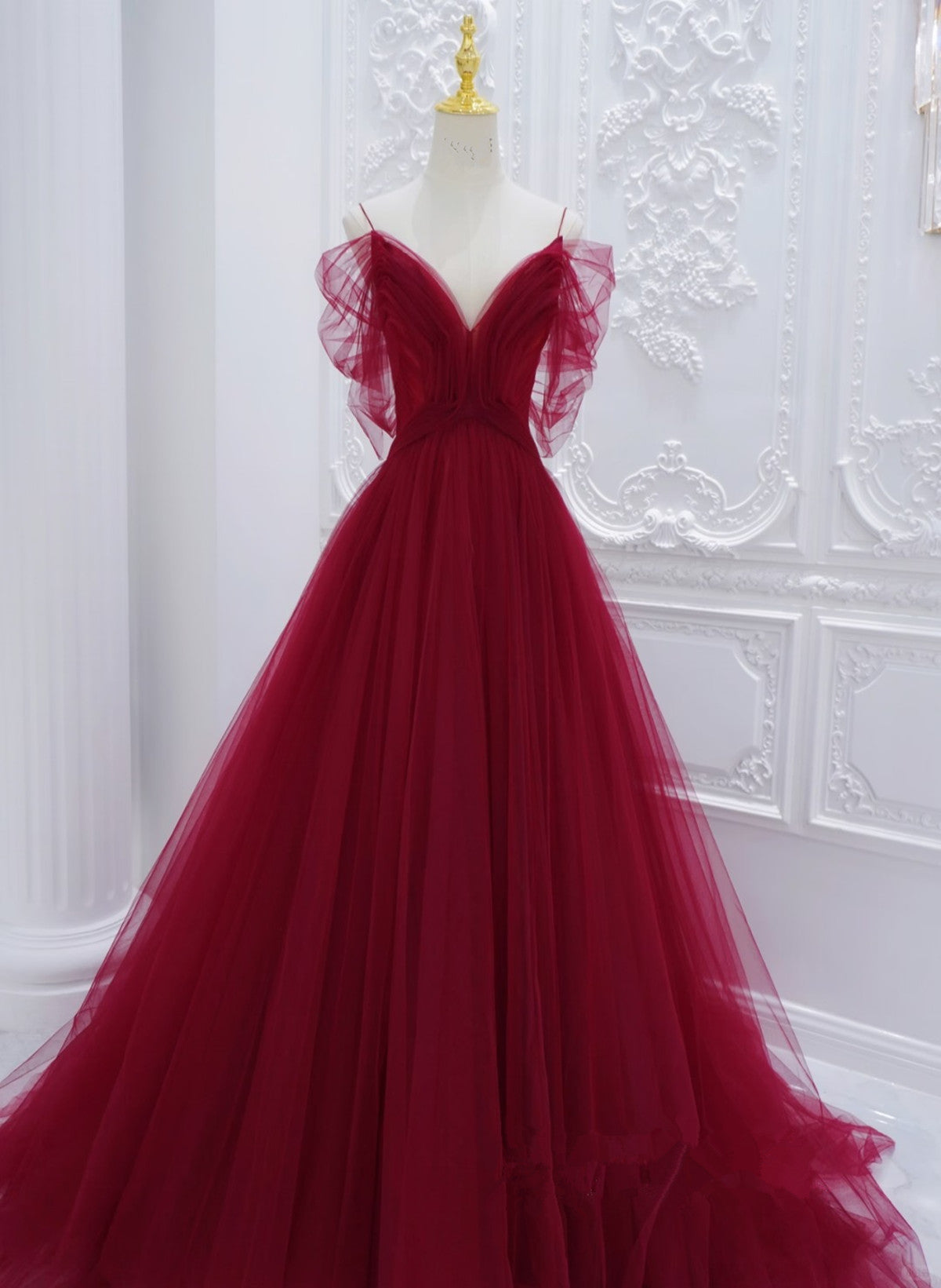 Graduation Outfit, Wine Red Tulle V-Neckline Off Shoulder With Bow, Wine Red Tulle Long Prom Dress