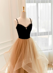 Party Dress Brown, A-Line Champagne Tulle Sweetheart Beaded Long Prom Dress, Tulle Layers Party Dress