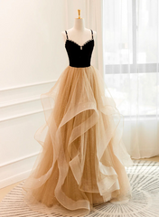 Fantasy Dress, A-Line Champagne Tulle Sweetheart Beaded Long Prom Dress, Tulle Layers Party Dress