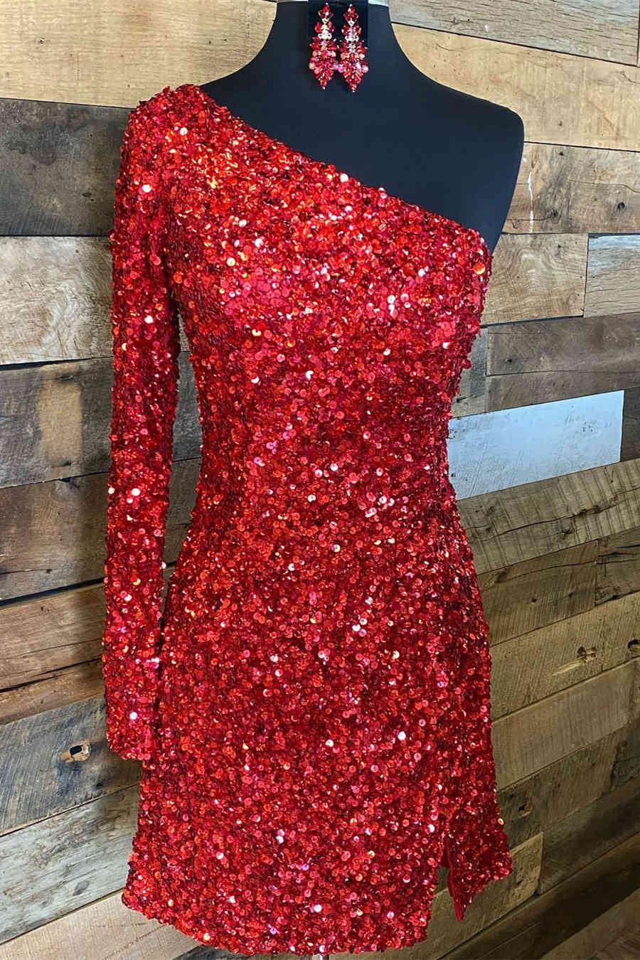 Party Dresses Maxi, Glitter One Sleeve Red Sequined Homecoming Dress