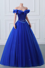 Royal Blue Off-the-shoulder Sweetheart Beaded Flowers Ball Gown Tulle Prom Dresses