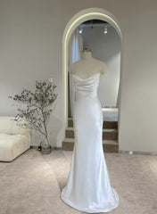 Wedding Dresses Fitted, White Soft Satin Straps Simple Long Wedding Party Dress, White Long Evening Dress