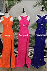 Party Dress Teens, Fitted Criss Coss Neck Orange Prom Dress with Slit