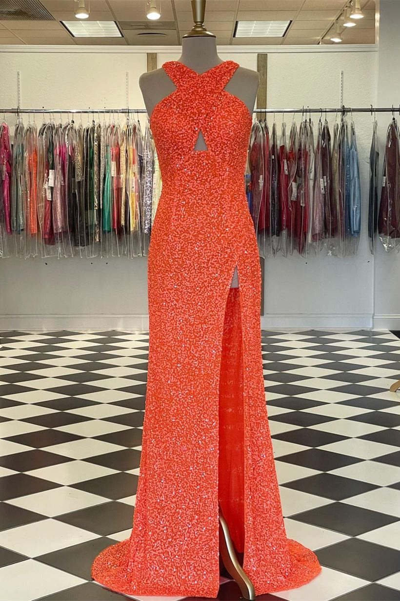 Party Dress Designs, Fitted Criss Coss Neck Orange Prom Dress with Slit