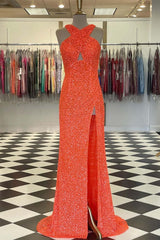 Party Dress Designs, Fitted Criss Coss Neck Orange Prom Dress with Slit