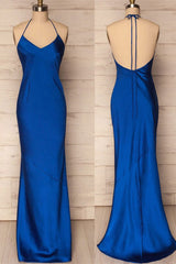 Fall Wedding Ideas, Mermaid Halter Royal Blue Satin Long Prom Gown