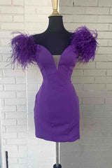 Bachelorette Party, Fitted Feather Shoulder Blue Tight Homecoming Dress