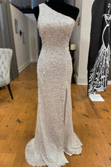 Elegant Prom Dress, One Shoulder Ivory Sequined Long Party Dress