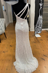 Prom Dress Long, One Shoulder Ivory Sequined Long Party Dress