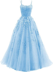 Women's Lace Applices Prom Dresses Long Spaghetti Strap Ball Gowns Tyll Formell kjole for fest