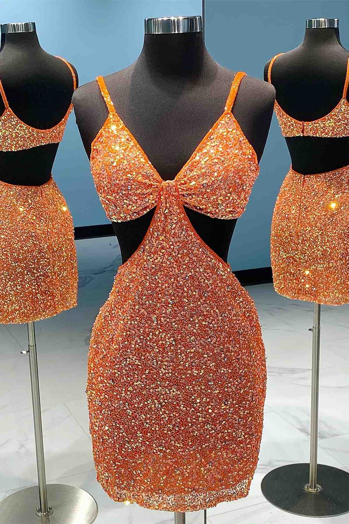 Black Tie Wedding, Cut Out Waist Orange Beaded Mini Homecoming Dress