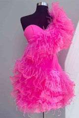 Long Sleeve Dress, Ruffled Tulle Shoulder Hot Pink Short Homecoming Dress with Feather