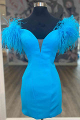 Small Wedding Ideas, Fitted Feather Shoulder Blue Tight Homecoming Dress