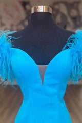 Plu Size Wedding Dress, Fitted Feather Shoulder Blue Tight Homecoming Dress