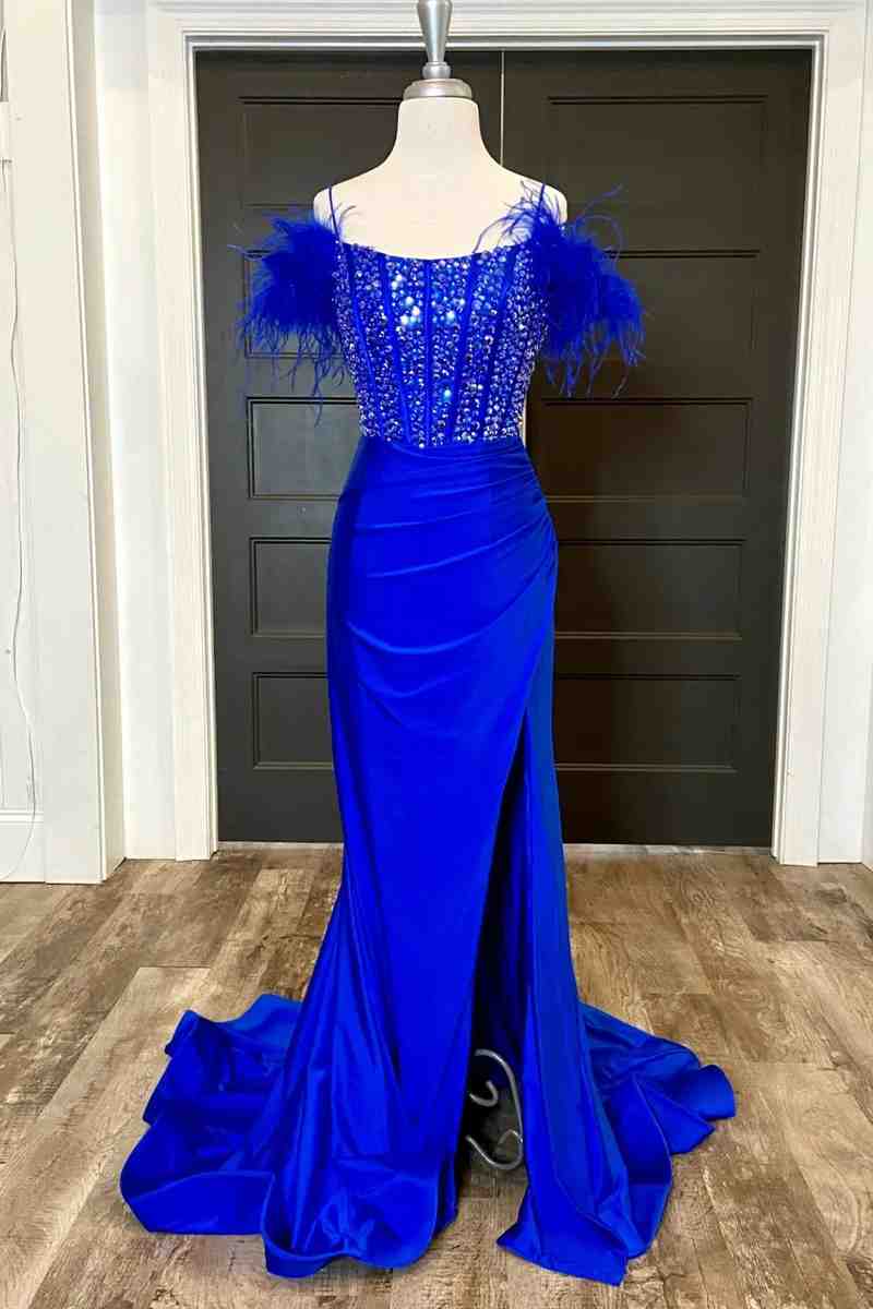 Bridal Shoes, Side Slit Royal Blue Feathered Shoulder Beaded Long Prom Gown