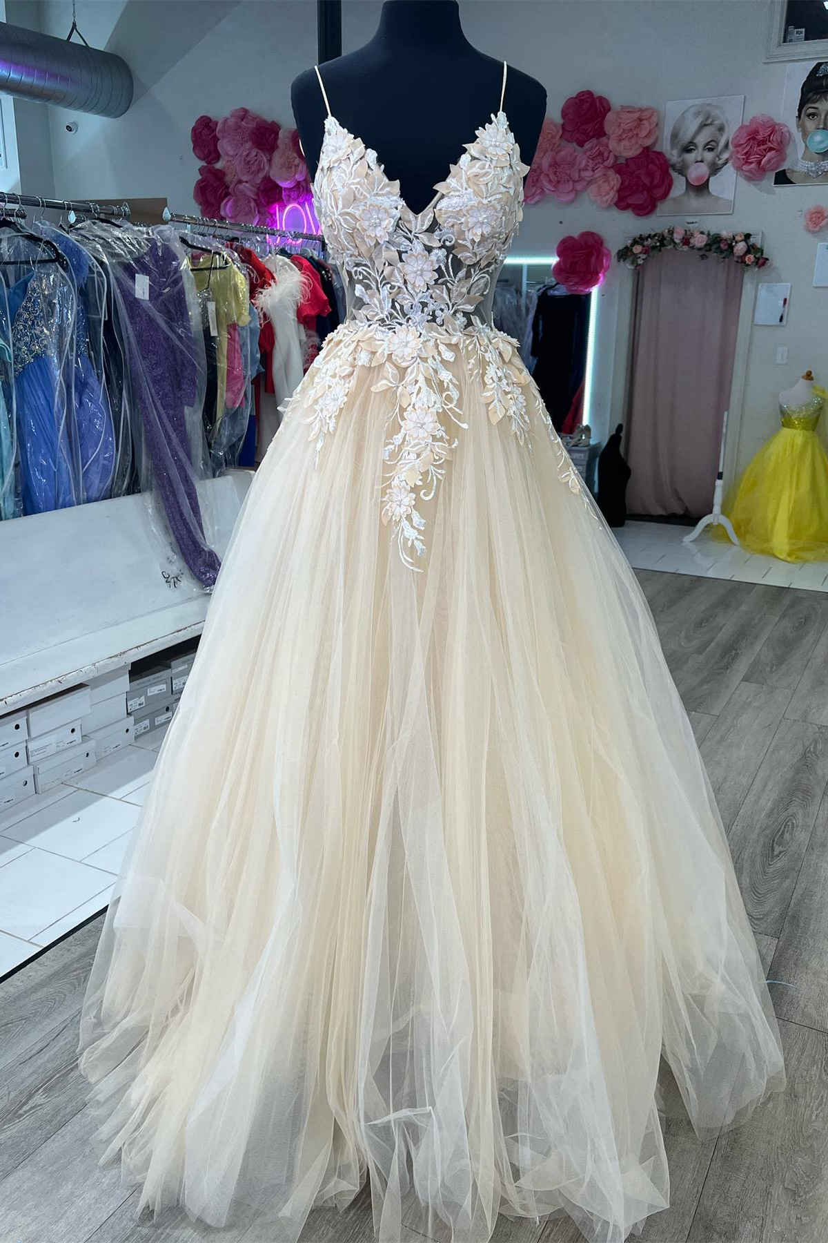 Beach Wedding Dress, V-Neck Champagne Appliques Long Prom Dress with Straps