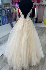 Wedding Aesthetic, V-Neck Champagne Appliques Long Prom Dress with Straps