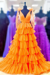 Garden Wedding, Bow Straps Orange V-Neck Ruffled Tulle Long Prom Dress with Slit