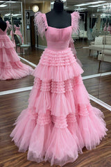 Bridesmaid Dress Peach, Cold Shoulder Pink Feathers A-Line Tiered Prom Dress