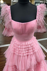 Bridesmaids Dresses Strapless, Cold Shoulder Pink Feathers A-Line Tiered Prom Dress