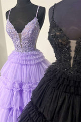 Mother Of The Bride Dress, Plunging V-Neck Straps Appliques Layered Prom Dress