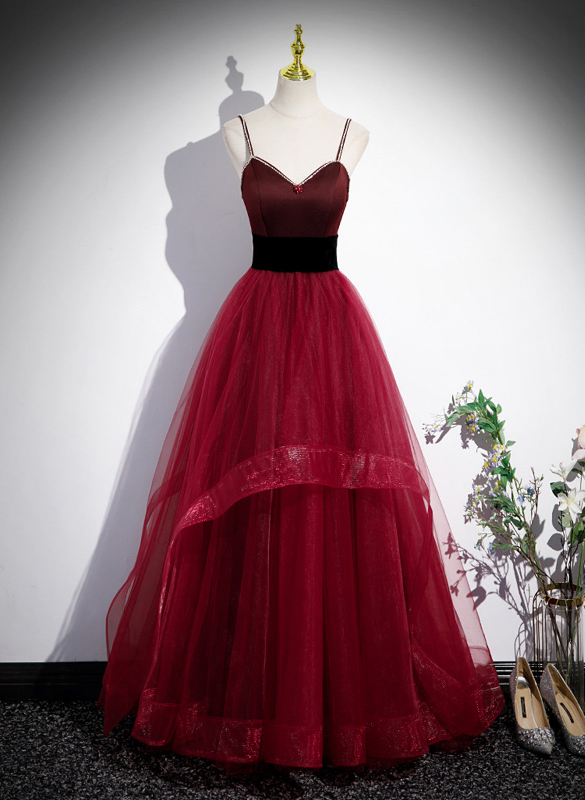 Aesthetic Dress, Wine Red Straps Beaded Sweetheart Tulle Formal Dress, Wine Red A-Line Prom Dress