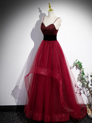 Girlie Dress, Wine Red Straps Beaded Sweetheart Tulle Formal Dress, Wine Red A-Line Prom Dress