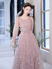 Pink Prom Gowns Long Sleeves For Graudation Party Shiny Star Glitter A-Line Floor-Length Tulle Women Formal Evening Dresses