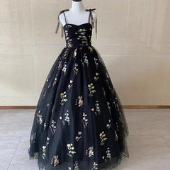 Luxury Floral Embroidery Long Black Prom Evening Dresses Women Summer Party Formal Occasions Reception Dress