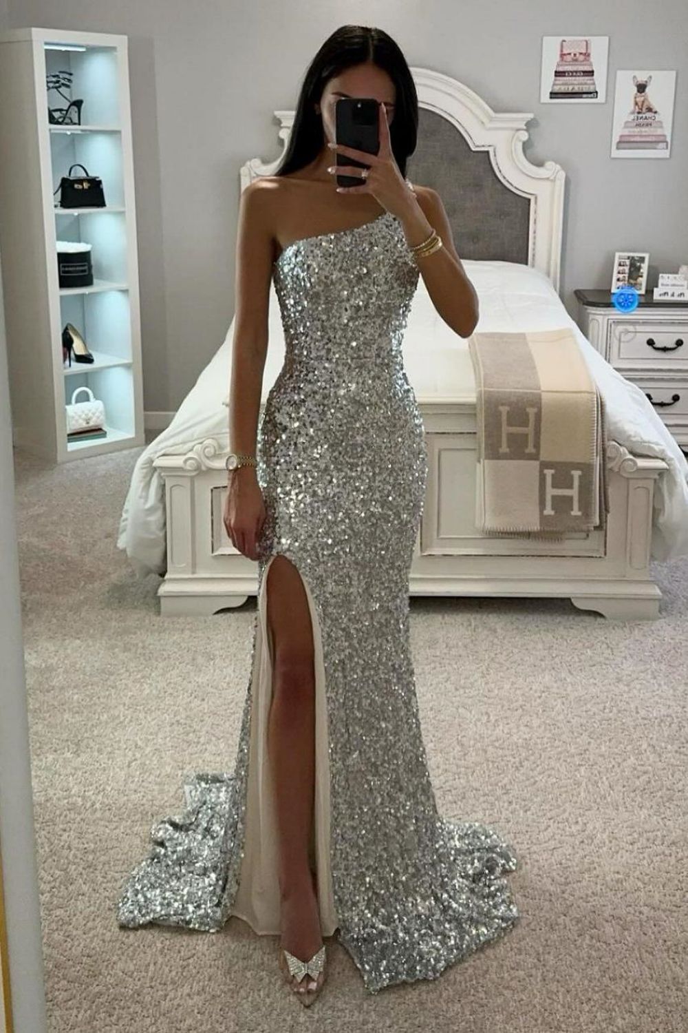 Silver Mermaid One Shoulder Long Glitter Sequin Prom Dress With Slit