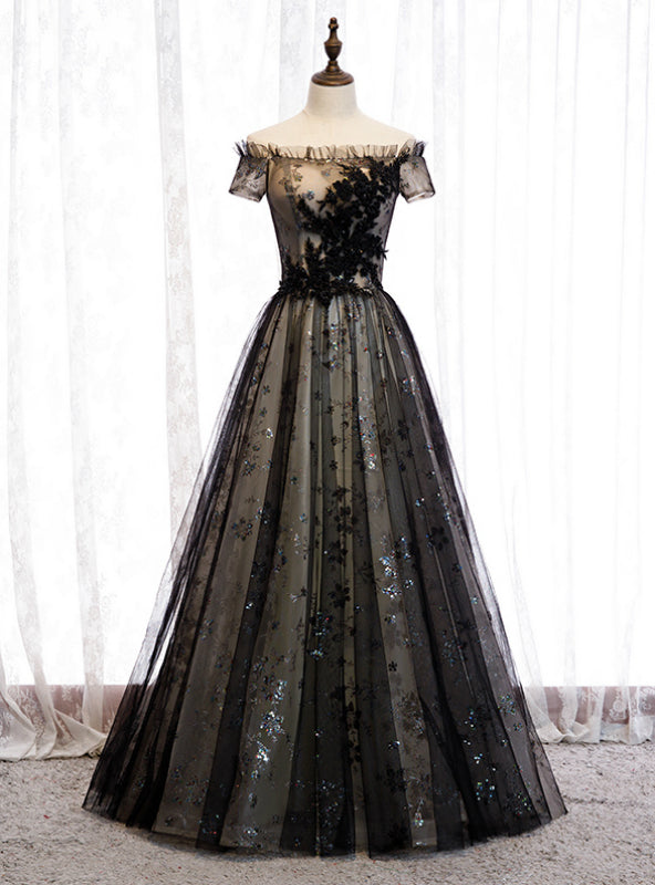 A-Line Black Tulle Sequins Off the Shoulder Long Prom Dress